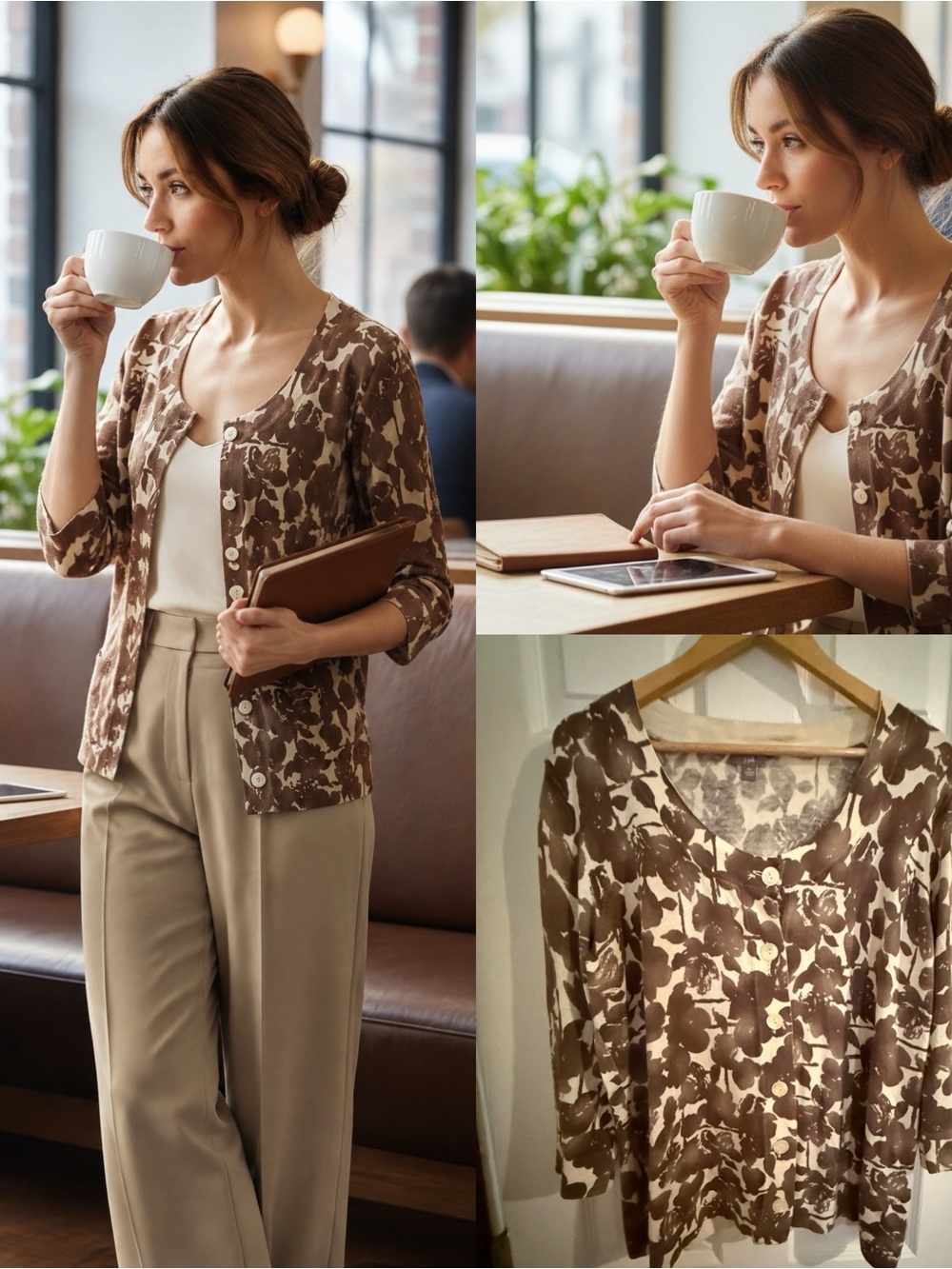J.Jill Silk Cotton Cashmere Floral Henley Sweater Brown Ivory XL